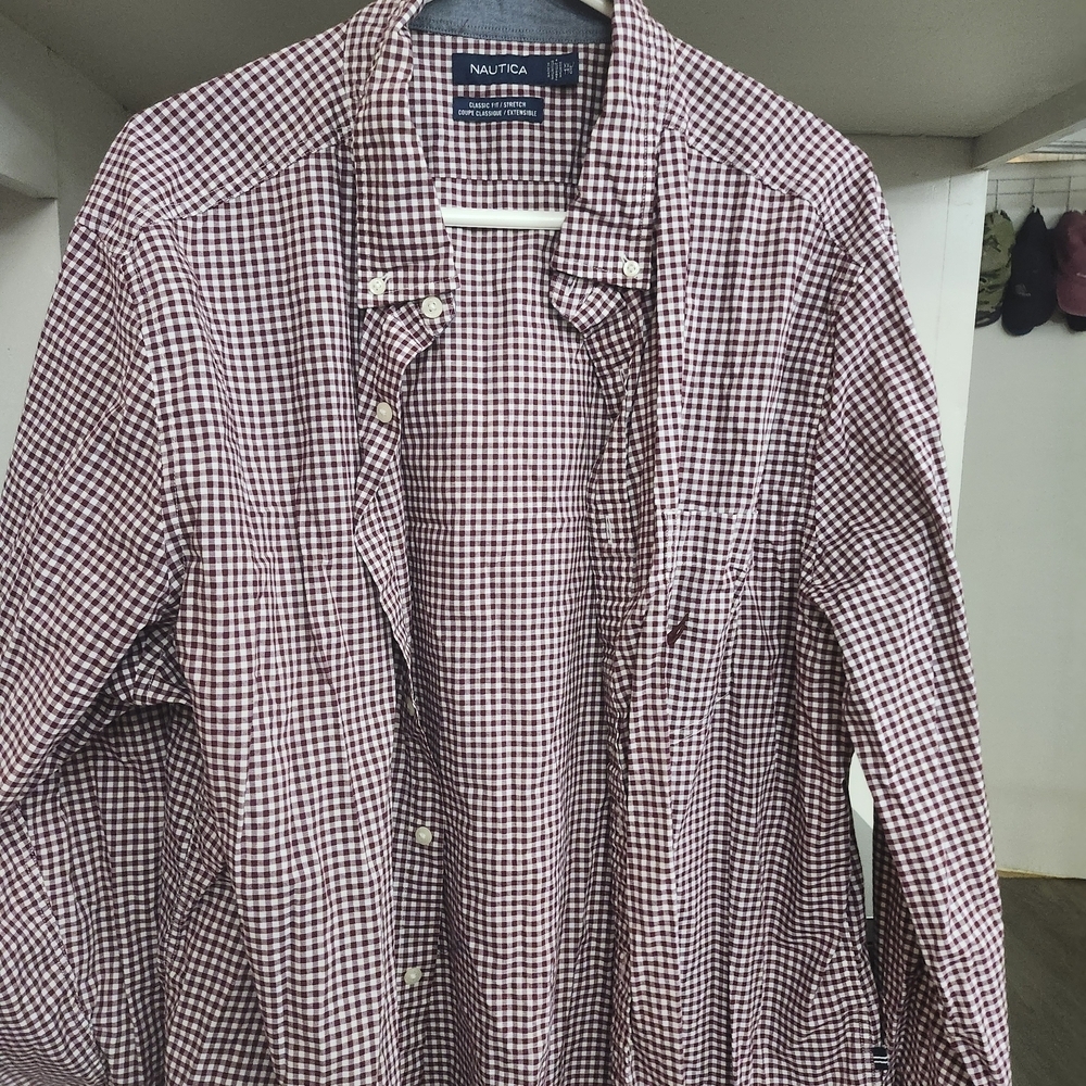 Nautica Men's Stretch Casual Shirt - Burgundy Checkered